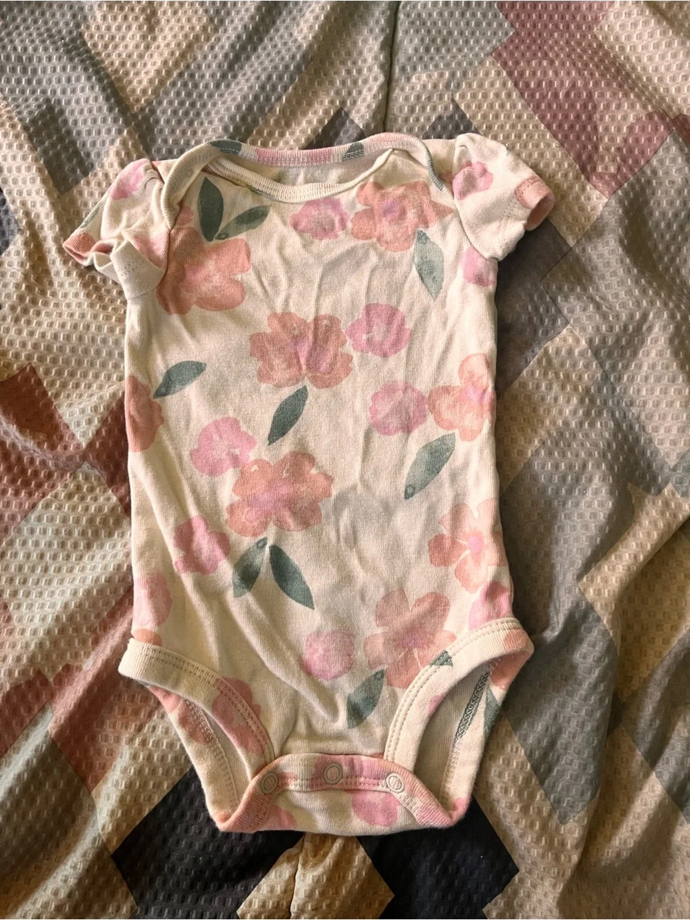 Carter's Cream Floral Short-Sleeve One-Piece Bodysuit with Pink Flowers